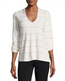 Lafayette 148 New York V-Neck Striped Cashmere Sweater  Cloud Multi at Neiman Marcus